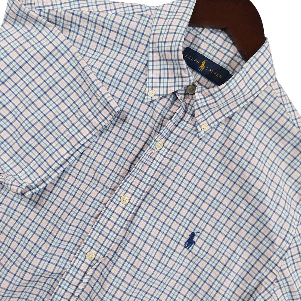 Ralph Lauren Shirt Mens Medium Blue Check Short Sleeve Button Down Cotton Casual